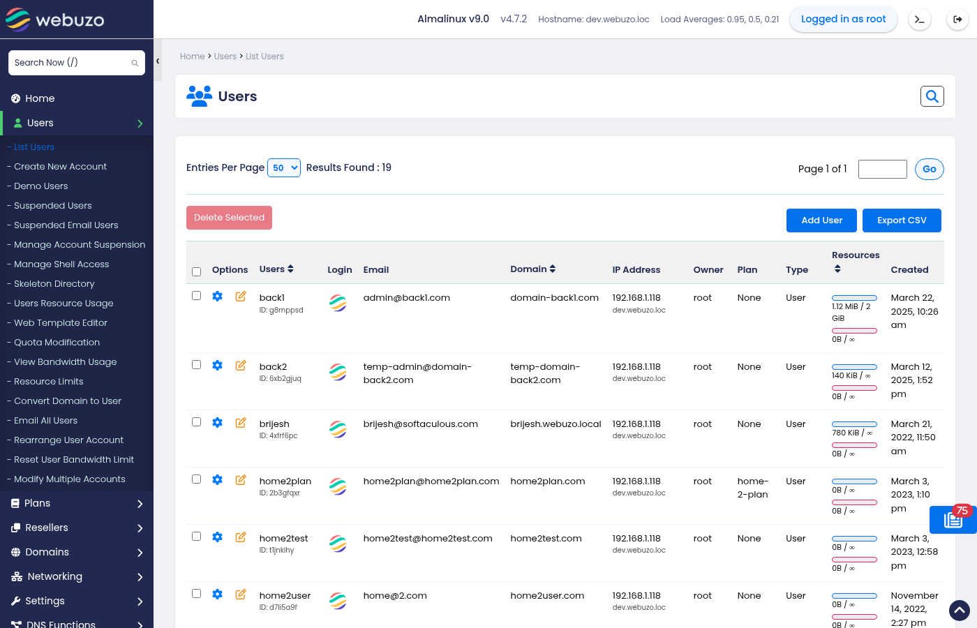 Webuzo user and plan management