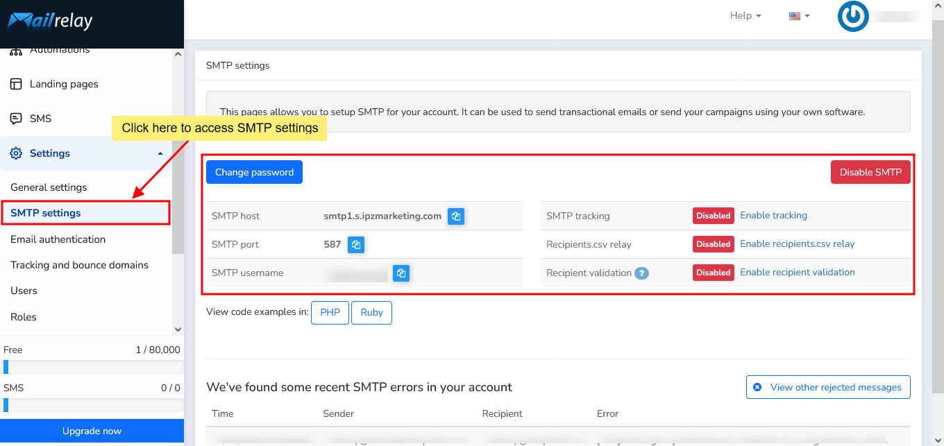 mailrelay smtp settings